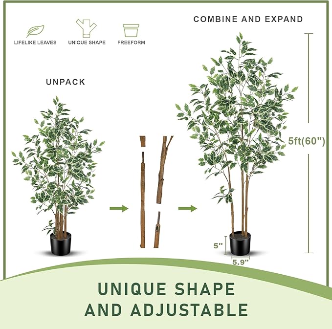 Ficus Tree Artificial - 5ft Artificial Ficus Trees Indoor with Natural Trunk and Lifelike Leaves - Fake Ficus Tree for Home Office Corner Indoor Decor