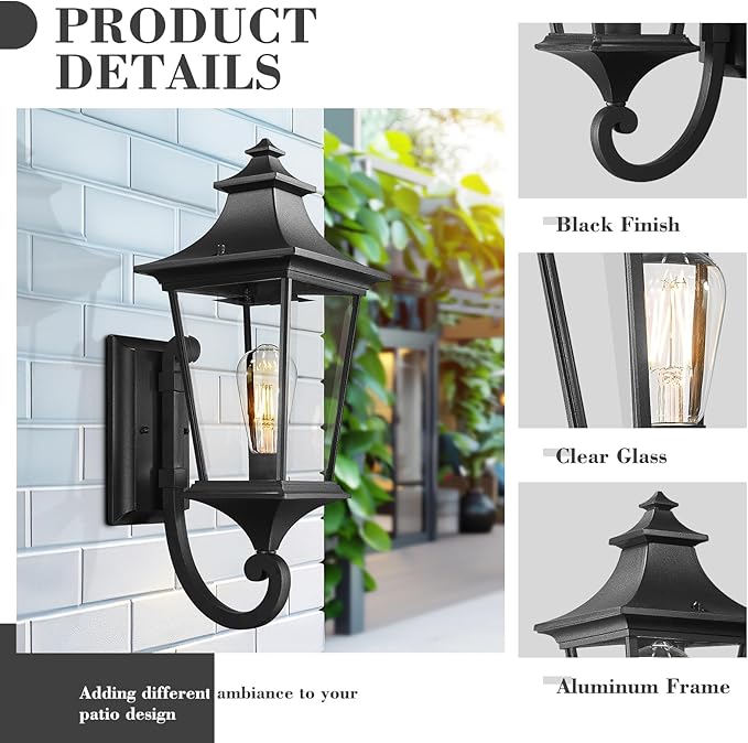 Emliviar Stylish Exterior Light, 21.1 Inch Exterior Wall Sconce with Clear Glass Shade, Black Finish, XE292UB-M BK