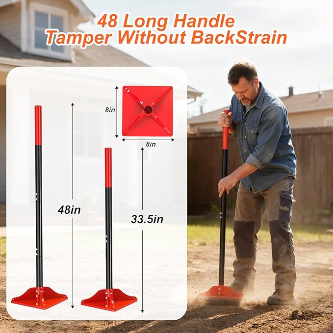 8" x 8" Steel Tamper Tool, 48" Long Handle Heavy Duty Hand Compactor for Soil, Gravel, Dirt & Asphalt, Ergonomic Ground Leveler for Pavers, Driveway Repair, Lawn & DIY Landscaping