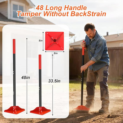 8" x 8" Steel Tamper Tool, 48" Long Handle Heavy Duty Hand Compactor for Soil, Gravel, Dirt & Asphalt, Ergonomic Ground Leveler for Pavers, Driveway Repair, Lawn & DIY Landscaping