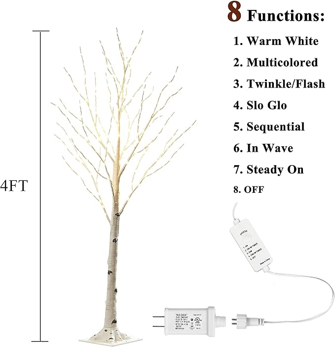Hairui Lighted Birch Tree with 200L Multi Color and Warm White Fairy Lights 8 Functions 4FT, White Twig Tree with Lights for Indoor Outdoor Home Party Christmas Easter Decoration
