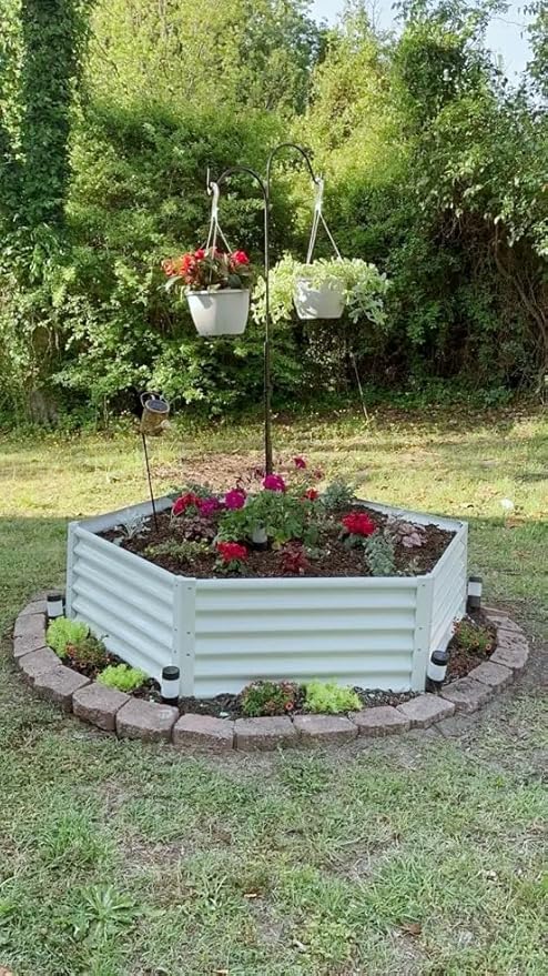 A ANLEOLIFE Hexagon Metal Raised Garden Bed, 18'' Tall Galvanized Flower & Ornamental Planter, 3FT Wide Decorative Raised Bed, Antique White
