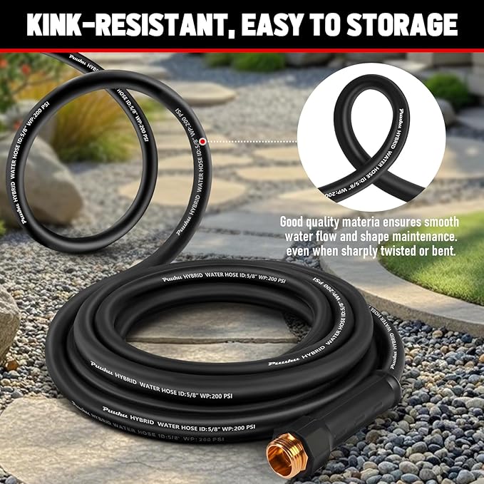 Garden Hose 50 ft x 5/8", NON-EXPANDABLE Heavy Duty Premium Flexible Water Hose, No Kink, Leakproof, Lightweight Hybrid Hose with Male to Female Fittings for Household、Backyard