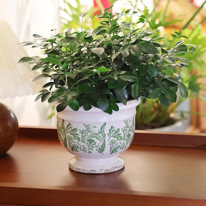 Vintage Ceramic Planter Pot with Drainage, 6.8 Inch Large Crackle Glaze Flower Pot with Green Floral Leaf Pattern for Succulents, Flowers, Farmhouse Country Rustic Planters for Gardening Gift