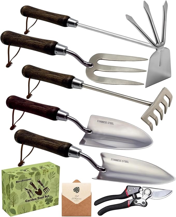 Garden Tool Set, 6PCS Heavy Duty Stainless Steel Gardening Hand Tools with Ropes, Includes Hand Cultivator Shovel Trowel Transplanter 2-in-1 Hoe Pruner Ideal Gardening Gifts for Women Men (Gift Box)