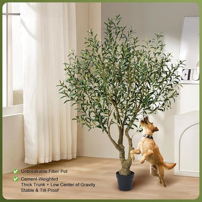 Olive Tree Artificial Indoor 6ft - UV Resistant Large Fake Plants - Realistic Faux Olive Tree in Pot - Tall Artificial Plants Outdoor for Home, Patio, Living Room, Office Decor,VN138