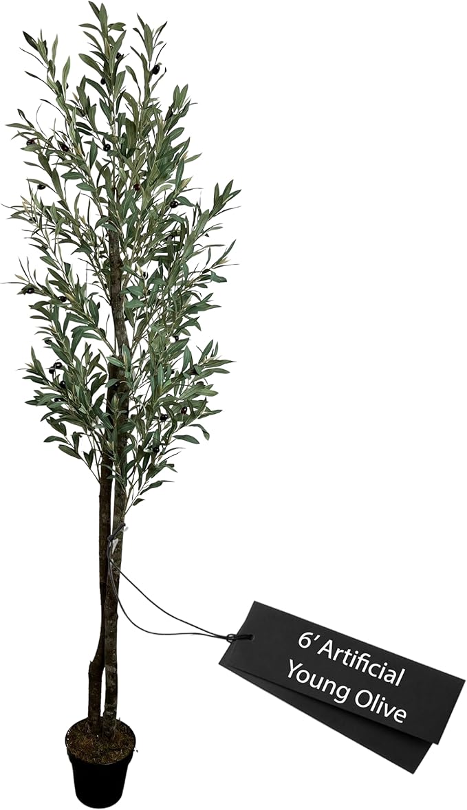 Cypress & Alabaster Handmade 6ft Young Olive Artificial Tree with Ethically Sourced Real Wood Trunks, Hypoallergenic, 6-Foot, Green