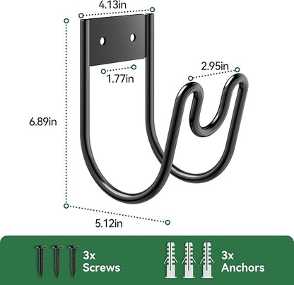 Black Metal Garden Hose Holder - Wall Mounted Water Hose Holder - Hose Hanger Heavy Duty for Water Hose Extension Cords Vacuum Hose (2 Pack)
