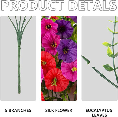 Artificial Hanging Flowers for Outdoor, 8 PCS Silk Morning Glory Faux Flowers with Eucalyptus Leaves,Realistic Hanging Plants for Wedding Home Office Garden Decor