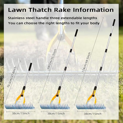 Thatch Rake 15 Inch Wide Efficient Dethatcher Rake for Cleaning Dead Grass, Combs Turf & Loosens Soil, Steel Metal Grass Rakes with Stainless Steel Handle Versatile Leveler &Cleans for Garden
