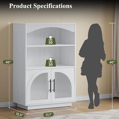 46" Bookshelf with Doors, White Bookcase with Glass Door, 3 Tier Small Bookshelf w/Deep Storage Cabinet and Adjustable Shelves, Wood Standing Mid Century Book Shelf for Home Office Kitchen