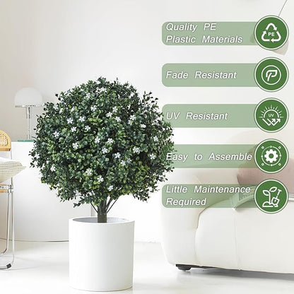 24" Artificial Boxwood Topiary Ball Bush with White Flowers, Set of 2 Artificial Shrub Bushes with Spike, Fake Evergreen Tree for Porch, Artificial Plants for Outdoor Planters Indoor UV Resistant