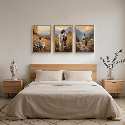HOURIA Jesus Leaves The 99 Sheep Framed Canvas Wall Art Set,Christian The Lost Sheep Wall Decor,Jesus Embraces Lamb Artwork,Religious Biblical Art Prints for Living Room, Bedroom, Church- 24"x36"x3