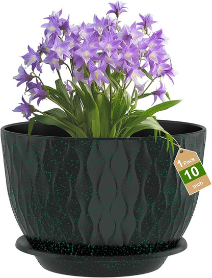 10 inch Large Plant Pots, Flower Pots with Multi-Mesh Drainage Holes and Saucer, Plastic Planters for Indoor and Outdoor Garden Plants (Black with Green Speckles, 10")