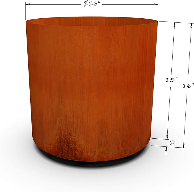 Plantercraft Large Round Planters for Outdoor Plants | 16x16 Inch Corten Steel Planter | Heavy Duty Metal Outdoor Planters for Patio, Deck, and Garden