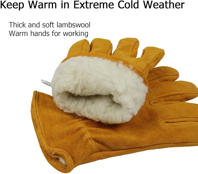 OZERO Winter Work Gloves Thick Windproof Cold Proof Leather Glove Thermal Imitation Lambswool - Extra Grip Flexible Warm for Working in Cold Weather for Men and Women (Gold,Small)