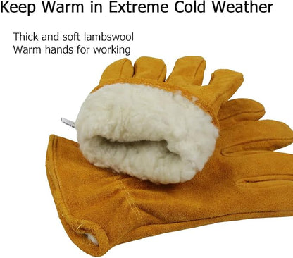 OZERO 2 Pairs Winter Leather Work Gloves: Warm Thick Lining for Cold Weather Working, Thermal Insulated Gloves for men and women Gold/Medium