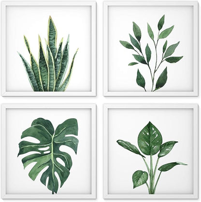 ArtbyHannah Framed Bathroom Wall Decor, 10x10 Inch Botanical Wall Art with Sage Green Plant Print for Wall Decoration, Minimalist Restroom Decor (White)