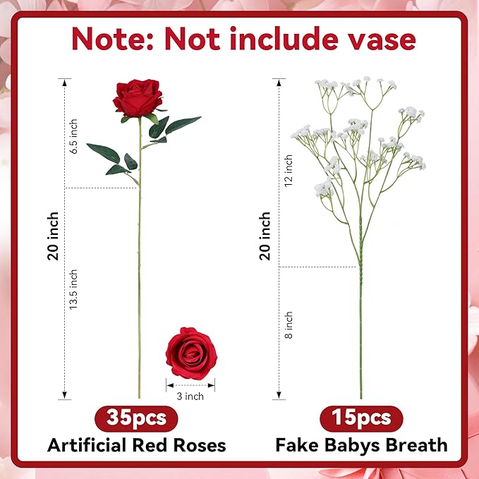 HyeFlora 35 PCS Red Roses Artificial Flowers 15 PCS Fake Baby Breath Realistic Fake Flowers Bouquet with Stem for DIY Wedding Party Home Decoration Vase Tables Centerpieces Arrangements Gift for Her