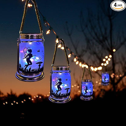 4 Pack Solar Fairy Lantern for Garden Decorations -Mothers Day Gifts for Mom Women Grandma Birthday Outdoor Ornaments Decorations Hanging Lamp Frosted Glass Jar with Stake for Yard Patio Lawn