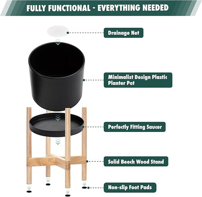 D'vine Dev Planter Pot with Stand - 14 Inch Plastic Cylinder Flower Pot with Wood Planter Holder for Indoor, Matte Black Pot + Natural Stand, 55-C-S-2