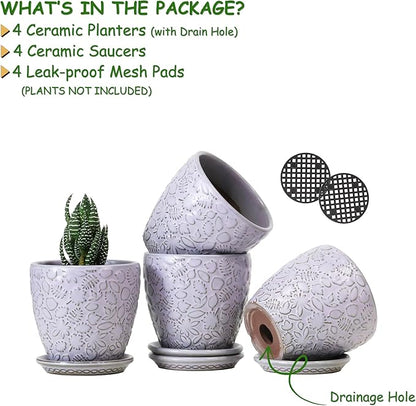 4 Inch Retro Ceramic Planter Set of 4 with Drainage Hole and Saucer for Plants, Indoor-Outdoor Small Garden Pots for Succulent, Herb and Flower (Fits Inner Pots Up to 3 Inch, Retro Purple)