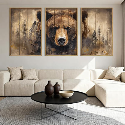 ANHUIB Brown Bear Wall Art 16x24 Inch Forest Paintings Rustic Wildlife Wall Decor Set of 3 for Living Room Bedroom Dining Room