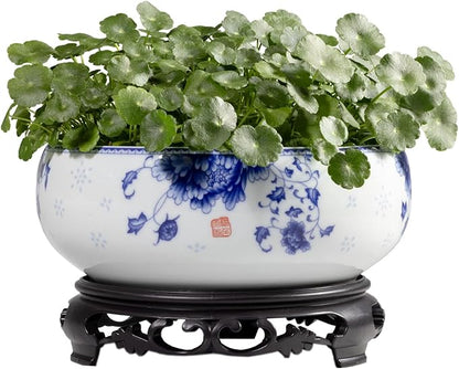 TOIVO Lotus Bowl Planter, Coarse Pottery Water Lily Flower Pot with Plastic Base, 7.8 inches (A-3)