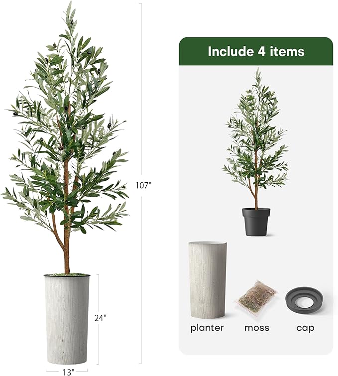 Artificial Tree in Modern Swirl Pattern Planter, Fake Olive Silk Tree for Indoor and Outdoor Home Decoration - 68" Overall Tall (Plant Pot Plus Tree)