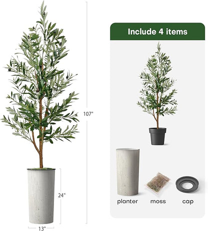Artificial Tree in Modern Swirl Pattern Planter, Fake Olive Silk Tree for Indoor and Outdoor Home Decoration - 68" Overall Tall (Plant Pot Plus Tree)