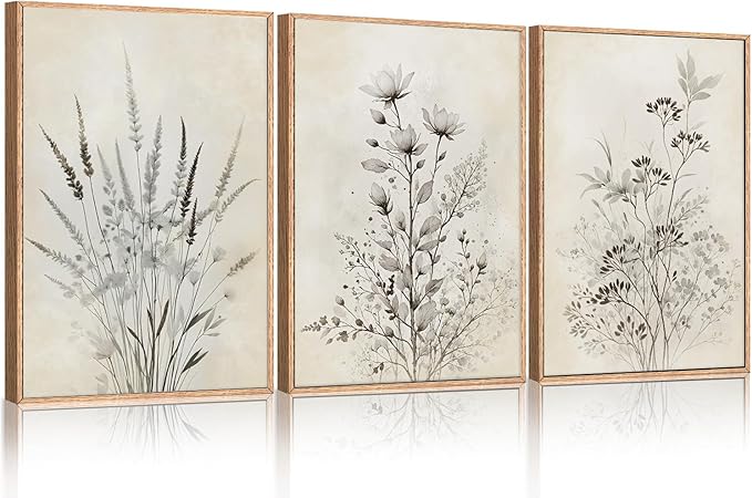 Large Neutral Flower Botanical Framed Canvas Wall Art,Boho Wildflowers Ink Wall Decor,Vintage Bouquet Wall Painting,Nature Artwork for Living Room,Bedroom,Dining Room,Office -24"x36"x3