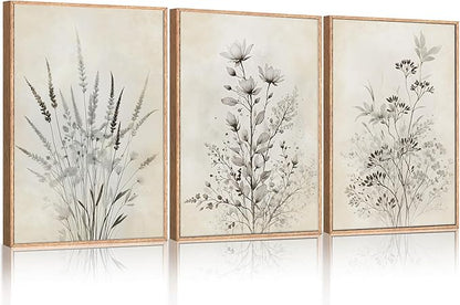 Large Neutral Flower Botanical Framed Canvas Wall Art,Boho Wildflowers Ink Wall Decor,Vintage Bouquet Wall Painting,Nature Artwork for Living Room,Bedroom,Dining Room,Office -24"x36"x3