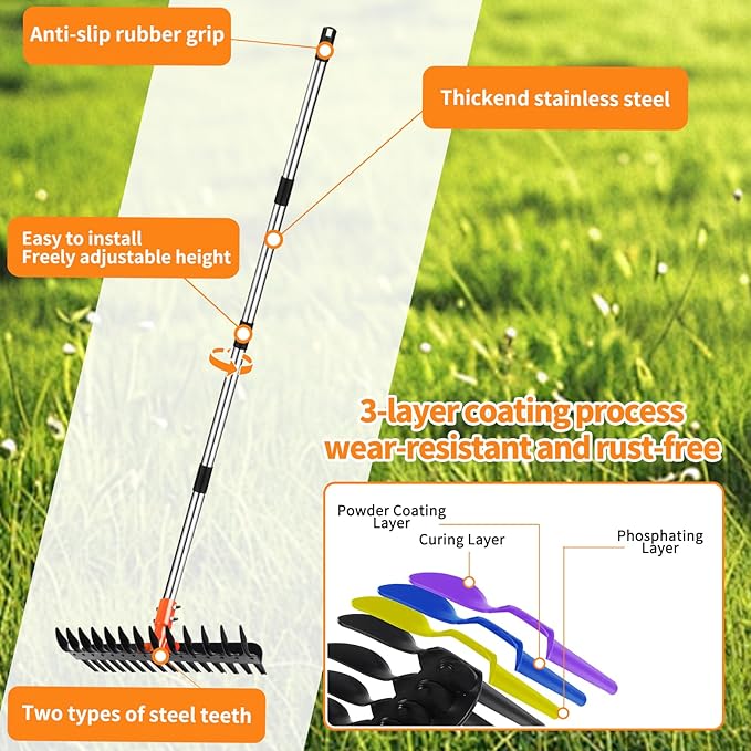 Thatch Rake for Lawns - 15” Wide Dethatcher Rake with Upgraded Dual-Action Tines & 57” Adjustable Handle, Heavy Duty Steel Garden Rake Includes Reusable Waste Bag and Gloves