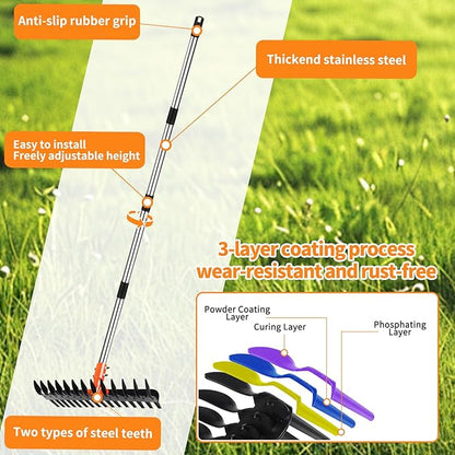 Thatch Rake for Lawns - 15” Wide Dethatcher Rake with Upgraded Dual-Action Tines & 57” Adjustable Handle, Heavy Duty Steel Garden Rake Includes Reusable Waste Bag and Gloves