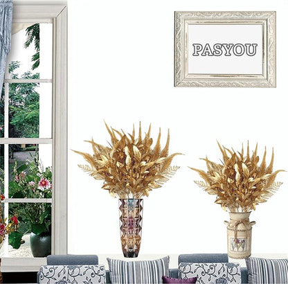 Fake Flowers Golden Bouquet Christmas Decorations, PASYOU Artificial Plants Plastic Shrubs Grass Leaves Indoor Outdoor Home Garden Party Hotel Verandah Wedding Event Faux DIY Table Decor - Gold 4 Pack
