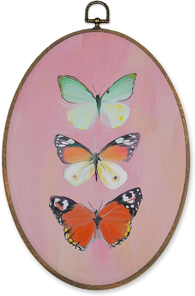 LKETW Butterfly Oval Wall Art Decor, Colorful Butterfly Oval Canvas Hanging Decor, Nature Insert Pink Wall Decorations for Girly Room Bedroom Home Living Room Office, 8.6x11.4 Inch