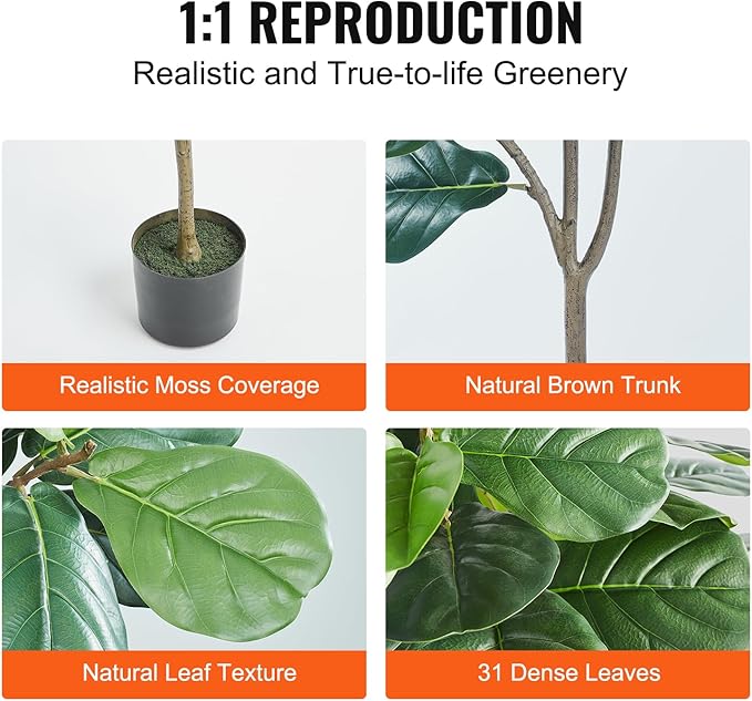 VEVOR Artificial Fiddle Leaf Fig Tree, 5 FT, Secure PE Material & Anti-Tip Tilt Protection Low-Maintenance Faux Plant, Lifelike Green Fake Potted Tree for Home Office Warehouse Decor Indoor Outdoor