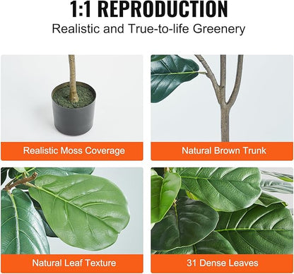 VEVOR Artificial Fiddle Leaf Fig Tree, 5 FT, Secure PE Material & Anti-Tip Tilt Protection Low-Maintenance Faux Plant, Lifelike Green Fake Potted Tree for Home Office Warehouse Decor Indoor Outdoor