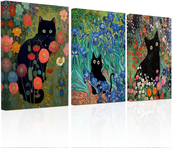 3 PCs Garden Cat Wall Decor Canvas Wall Art Framed Art Cat Posters, Cat Decor for Cat Lovers, Cat Lover Gifts, Aesthetic Artwork for Walls Living Room Bathroom Dining Room Bedroom Home Office Decor