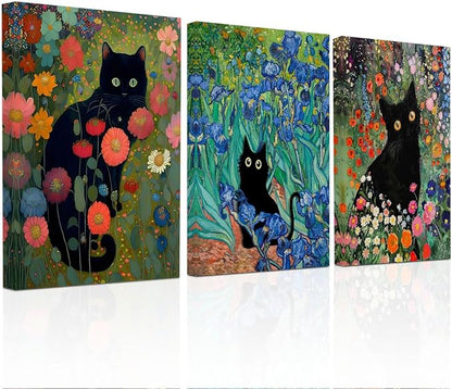 3 PCs Garden Cat Wall Decor Canvas Wall Art Framed Art Cat Posters, Cat Decor for Cat Lovers, Cat Lover Gifts, Aesthetic Artwork for Walls Living Room Bathroom Dining Room Bedroom Home Office Decor