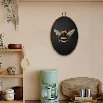LKETW Vintage Moody Bee Oval Wall Art Decor, Dark Academia Bumblebee Oval Canvas Hanging Decor, Rustic Dark Cottagecore Bee Insect Wall Decorations for Farmhouse Home Living Room, 8.6x11.4 Inch