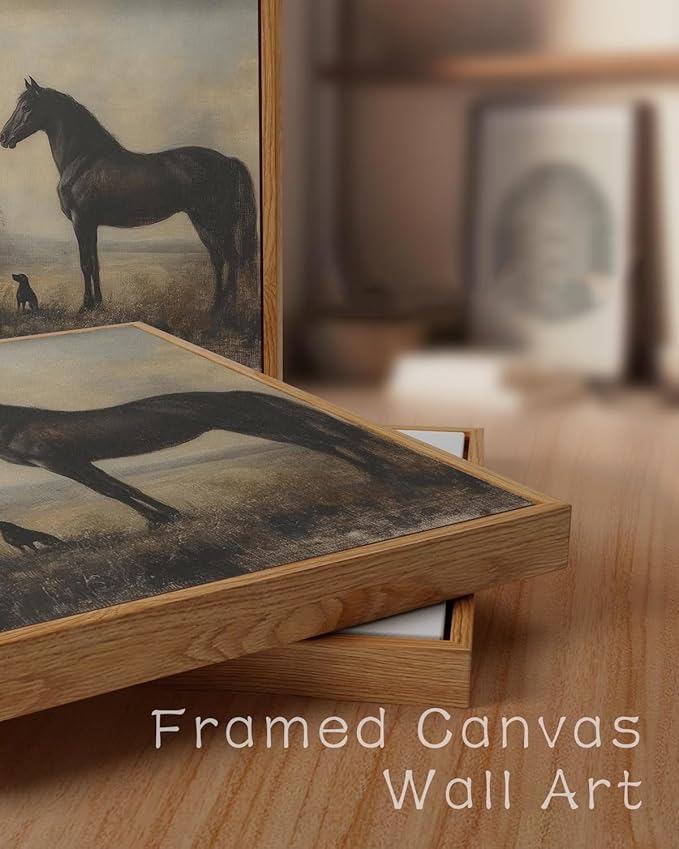 ZZLWBKGL Vintage Horse Framed Wall Art Farmhouse Animal Canvas Wall Art Horse Dog Pictures Wall Decor Rustic Art Prints for Living Room Bedroom Study
