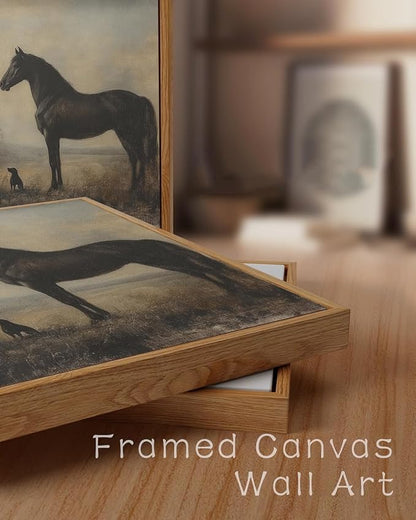 ZZLWBKGL Vintage Horse Framed Wall Art Farmhouse Animal Canvas Wall Art Horse Dog Pictures Wall Decor Rustic Art Prints for Living Room Bedroom Study