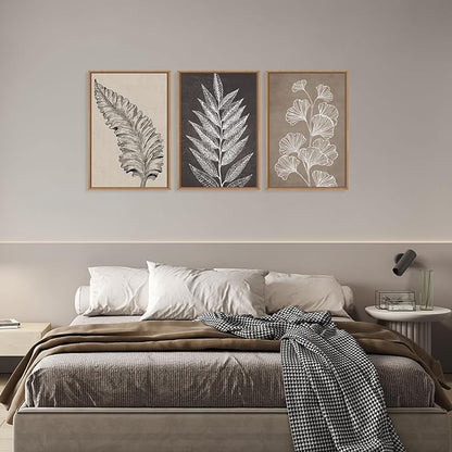 HOURIA Abstract Boho Fern Leaf Floral Framed Canvas Wall Art Set,Vintage Botanical Leaves Wildflower Decor,Modern Minimalist Nature Inspired Beige & Brown Artwork for Living Room,Farmhouse-16 x24 x3