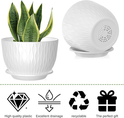 12/10/9 Inch Planter Pots, 3-Pack Large Flower Pots for Indoor Outdoor Garden Plants, Big Plant Pots with Multi Mesh Drainage Holes and Saucer (White, 12"+10"+9")