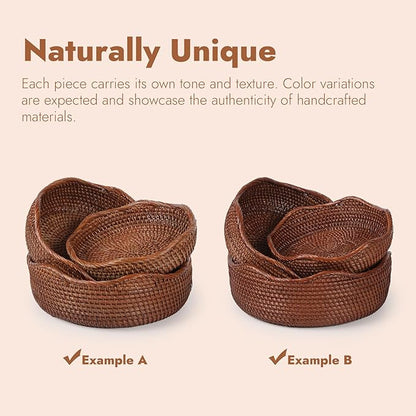 YANGQIHOME Rattan Round Fruit Baskets, Wicker Storage Bowls, Natural Woven Serving Basket Bowls, Decorative Baskets for Kitchen Counter Organizing, Brown, Set of 3