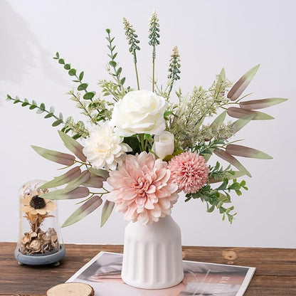 Fake Flowers in Vase, Artificial Flowers with Vase, 15.7'' Floral Arrangements for Dining Table Centerpiece Decor, Silk Roses & Faux Dahlia Bouquet for Farmfouse Kitchen Coffee Table Decor (Pink)