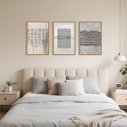 Large Abstract Black and Beige Framed Canvas Wall Art,Minimalist Geometric Lines Wall Decor,Cozy Neutral Shapes Artwork,Modern Lines Dots Art Print for Living Room,Bedroom,Office- 16"x24"x3