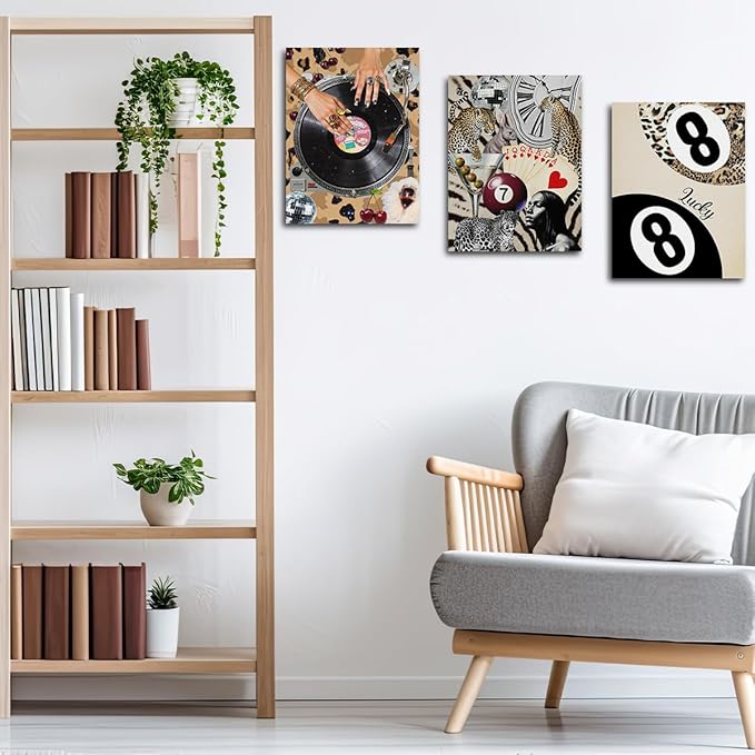 Trendy Leopard Print Framed Canvas Wall Art Set of 3, Vintage Vinyl Record Cheetah Wall Decor Aesthetic, Funky Lucky 8 Ball Picture Trendy Decor for Home Living Room Bathroom, 11.4"x15"