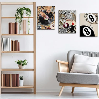 Trendy Leopard Print Framed Canvas Wall Art Set of 3, Vintage Vinyl Record Cheetah Wall Decor Aesthetic, Funky Lucky 8 Ball Picture Trendy Decor for Home Living Room Bathroom, 11.4"x15"